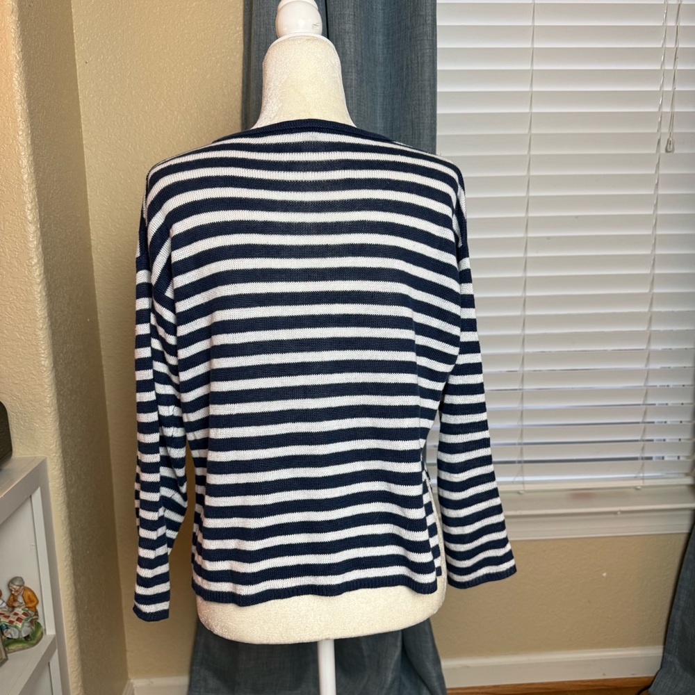 Eileen Fisher 100% Organic Linen Sweater Navy and White Striped Sz XXS - Picture 3 of 6